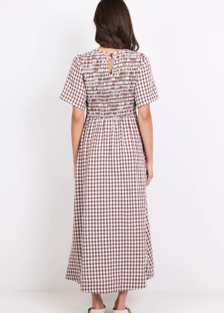 Wren Chocolate Gingham Shirred Bodice Midi Dress | Abbey Road Kaikoura