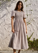 Load image into Gallery viewer, Wren Chocolate Stripe Shirred Bodice Midi Dress | Abbey Road Kaikoura
