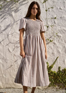 Wren Chocolate Stripe Shirred Bodice Midi Dress | Abbey Road Kaikoura