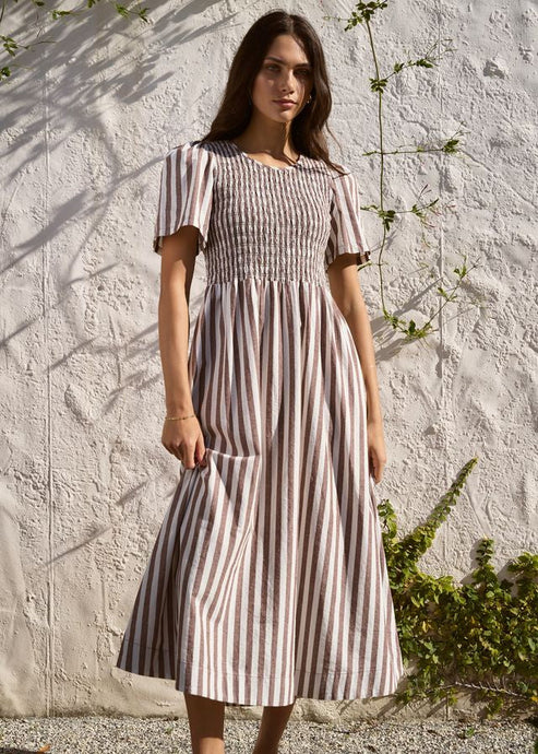 Wren Chocolate Stripe Shirred Bodice Midi Dress | Abbey Road Kaikoura