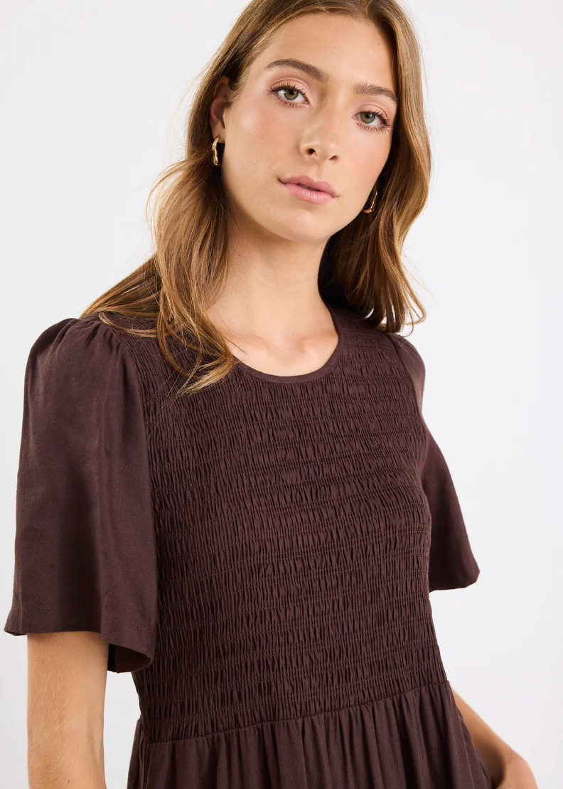 Wren Linen Blend Dress Chocolate | Abbey Road Kaikoura