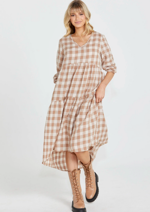 Sass Stevie Tiered Midi Dress/Mocha Check|Abbey Road