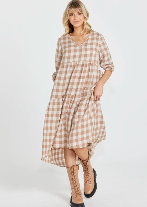 Sass Stevie Tiered Midi Dress/Mocha Check|Abbey Road