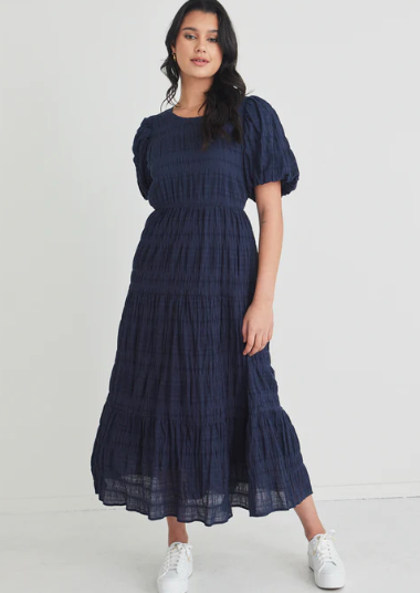 Ivy & Jack Graceful Navy Shirred Bubble Sleeve Tiered Maxi Dress|Abbey Road