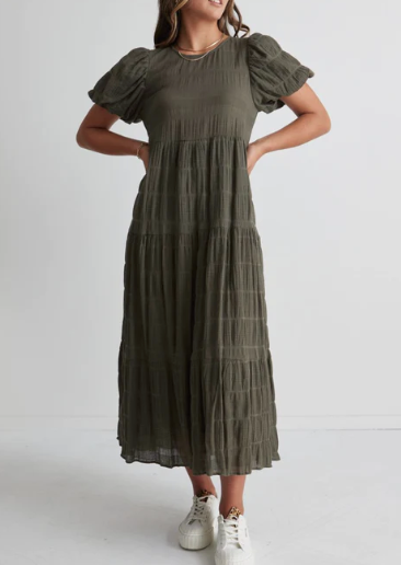 Ivy & Jack Graceful Khaki Shirred Bubble Sleeve Tiered Maxi Dress|Abbey Road