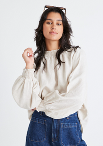 AMONG THE BRAVE Embrace Linen Shirred Neck LS Top - Natural | Abbey Road Kaikoura