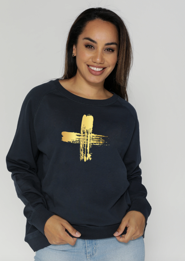 Stella & Gemma Sweater Navy Brushed Gold Cross|Abbey Road