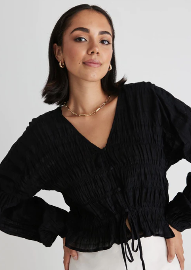 IVY & JACK Jolie Shirred Long Sleeve Button Down Top Black| Abbey Road Kaikoura