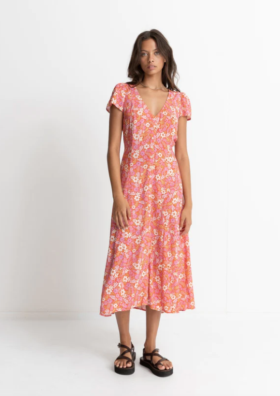 RHYTHM Luna Floral Cap Sleeve Midi Dress Red | Abbey Road Kaikoura