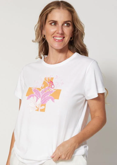 STELLA & GEMMA Tulleries Topaz Cross Tee White | Abbey Road Kaikoura